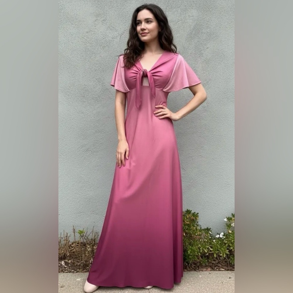 Vintage 70s Pink Ombré Maxi Dress w/Keyhole Front Tie & Capelette Sleeve Sz XS/S